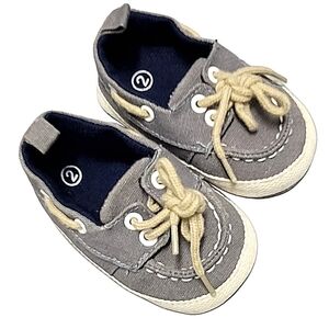 Baby Boy Cotton Lace Up Gray Slip On Boat Crib Shoes sz 2 (3-6 months)